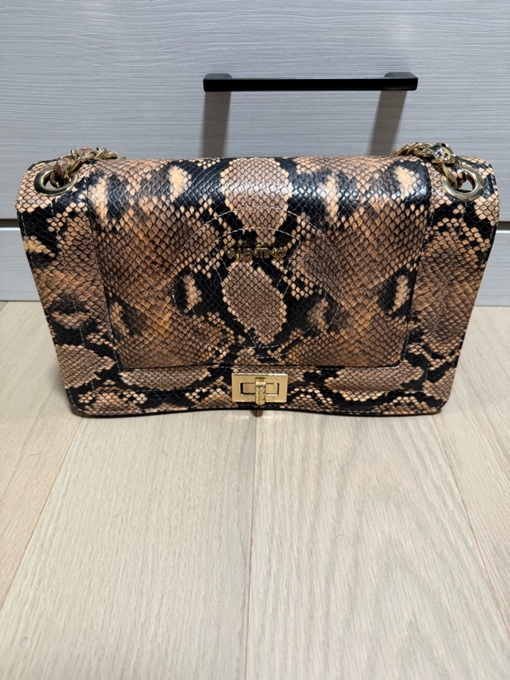 Valentino Snake-Print Shoulder Bag in Brown and Black with Gold Hardware